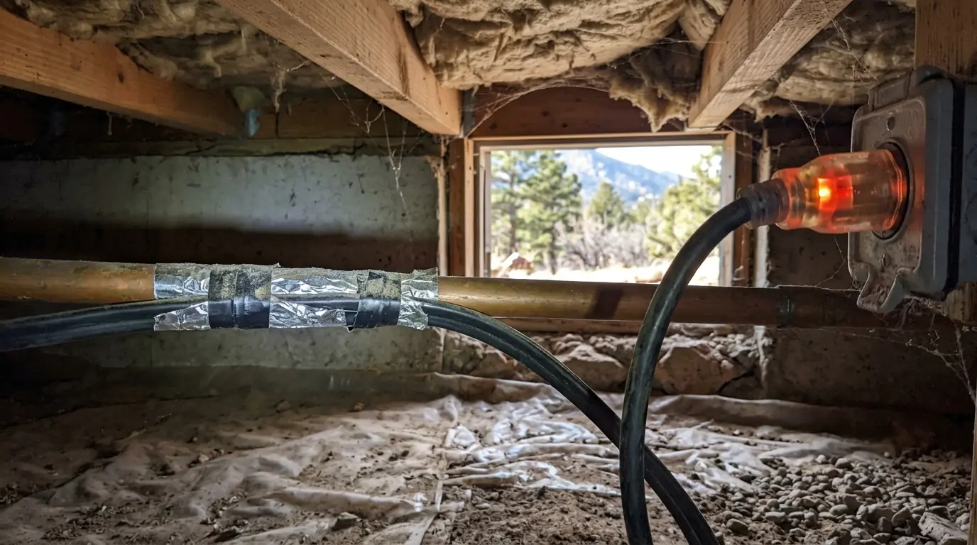 Heat cable with indicator light on a crawlspace water pipe