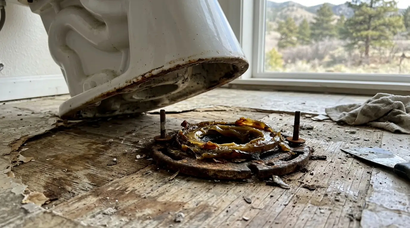 Crushed toilet wax ring on a cracked closet flange