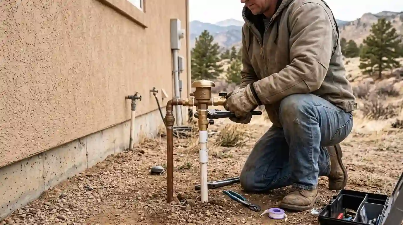 New sprinkler backflow preventer being installed at a Colorado Springs home