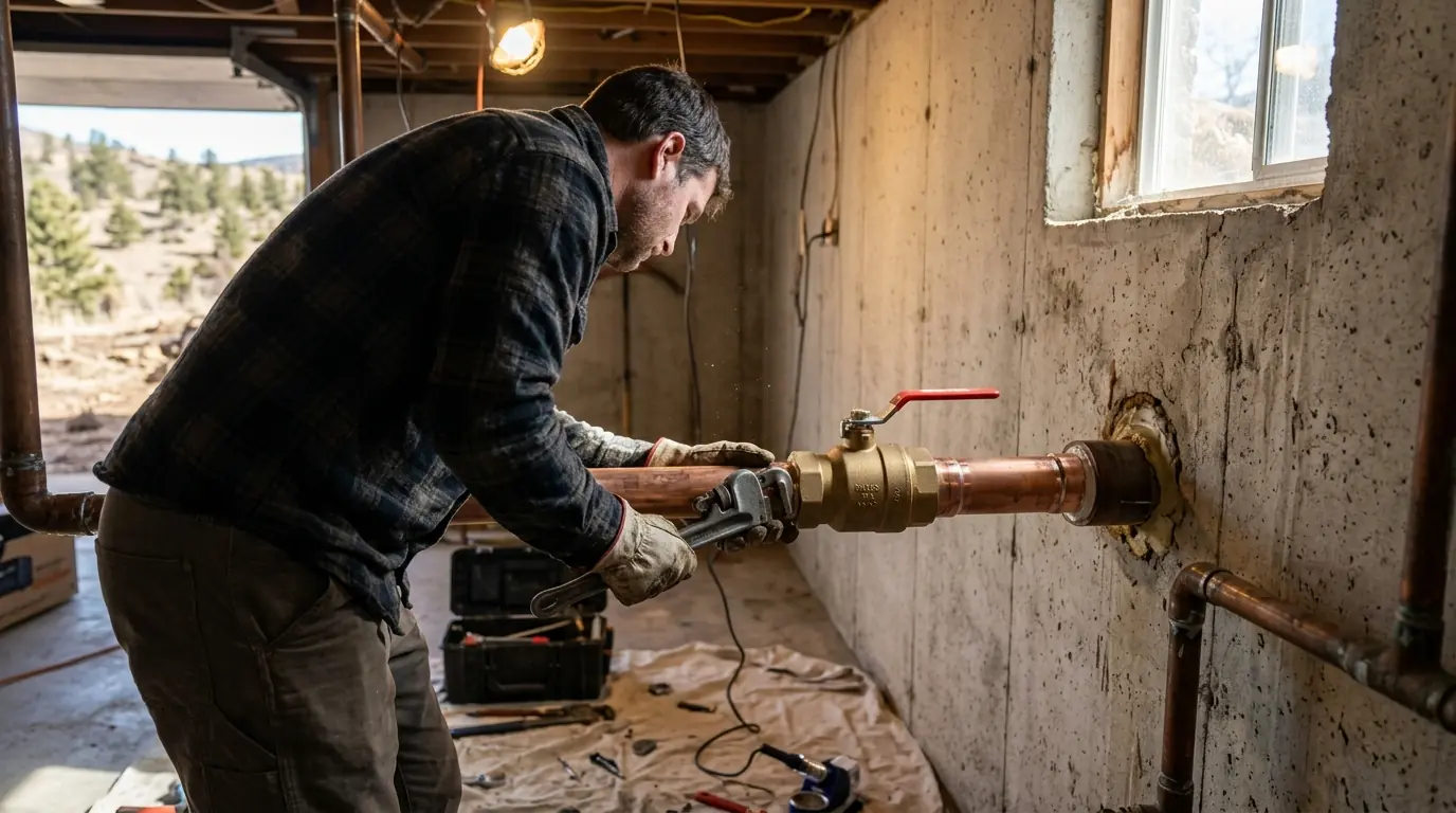 New ball valve on a main water line in a Colorado Springs basement