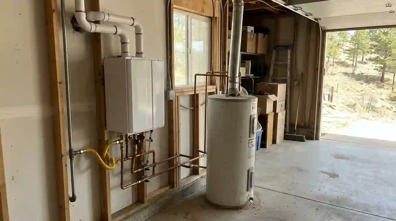 Tankless water heater installed beside an older storage tank in a Colorado Springs garage