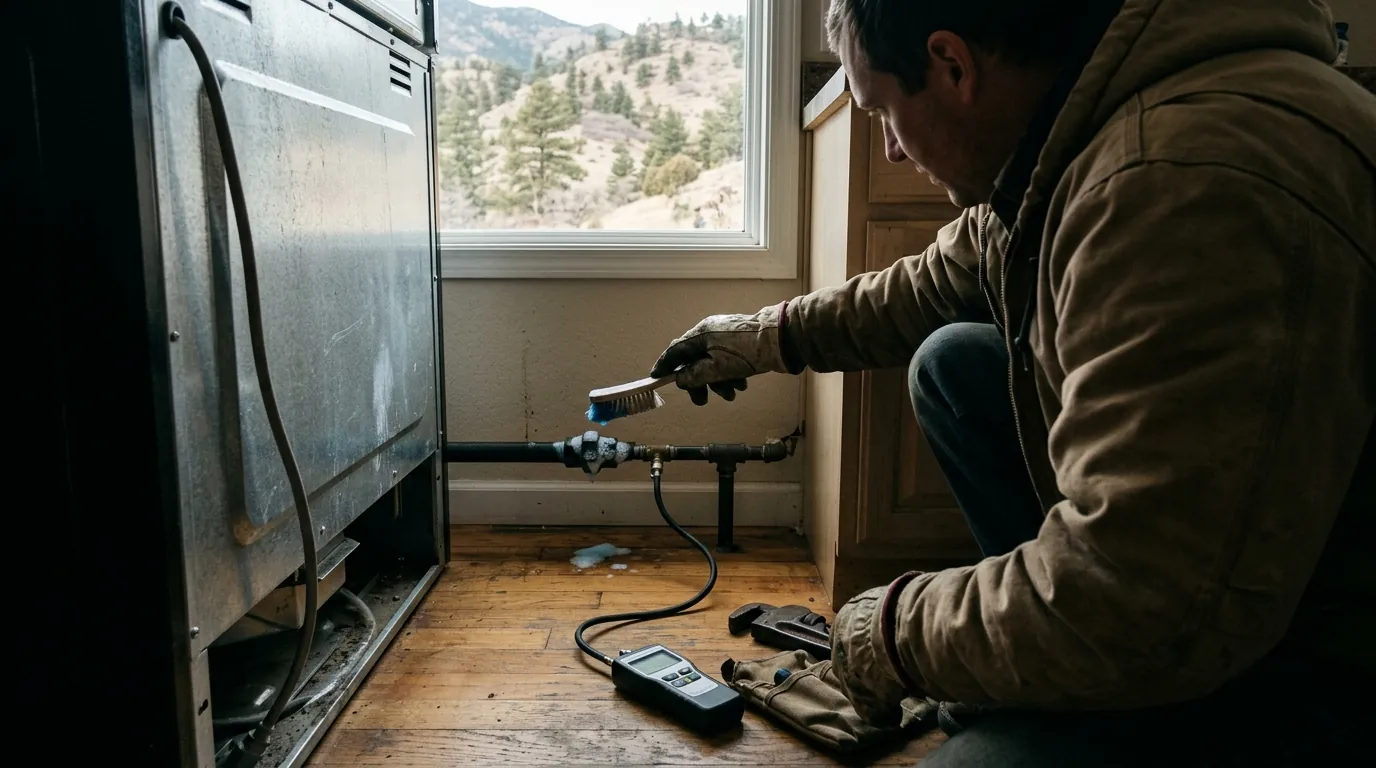 Plumber leak testing a gas fitting behind a range in a Colorado Springs kitchen