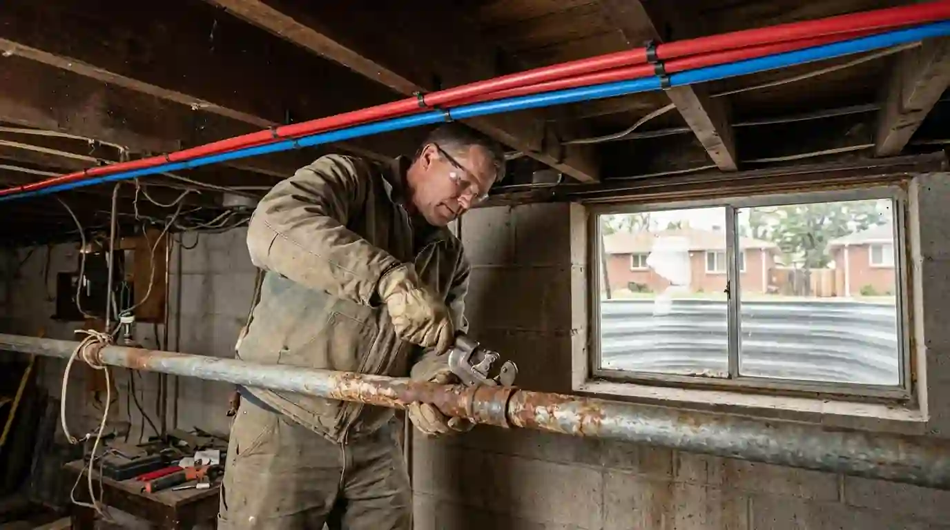 Galvanized pipe being replaced in a 1960s Knob Hill home in Colorado Springs