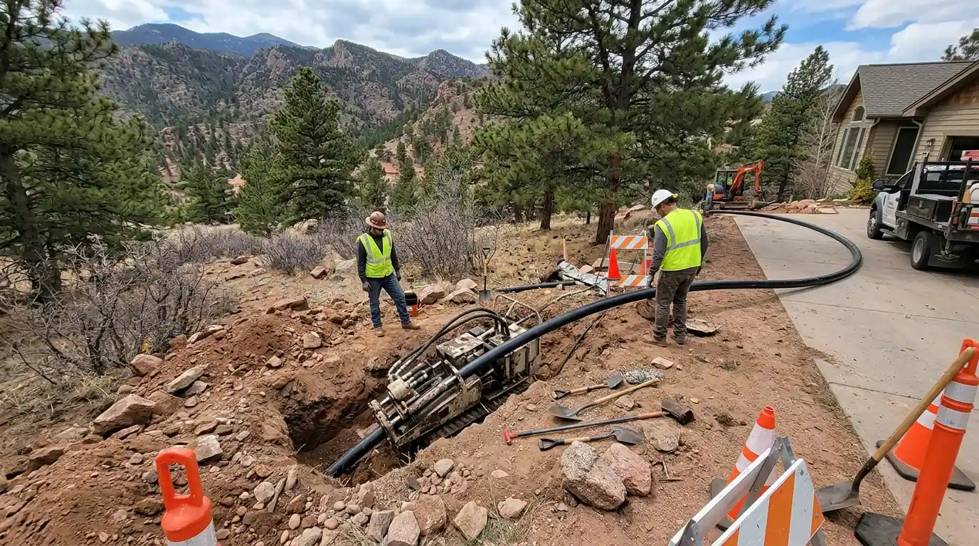 Pipe bursting rig replacing a sewer line under a Colorado Springs driveway