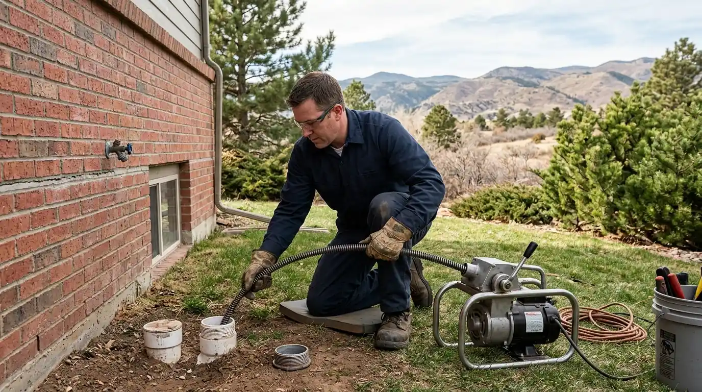 Plumber cleaning a main sewer line through an outdoor cleanout in Colorado Springs
