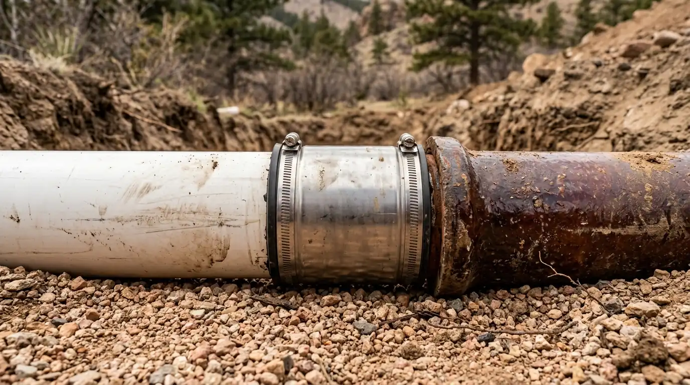 Shielded coupling joining new PVC to an old clay sewer pipe