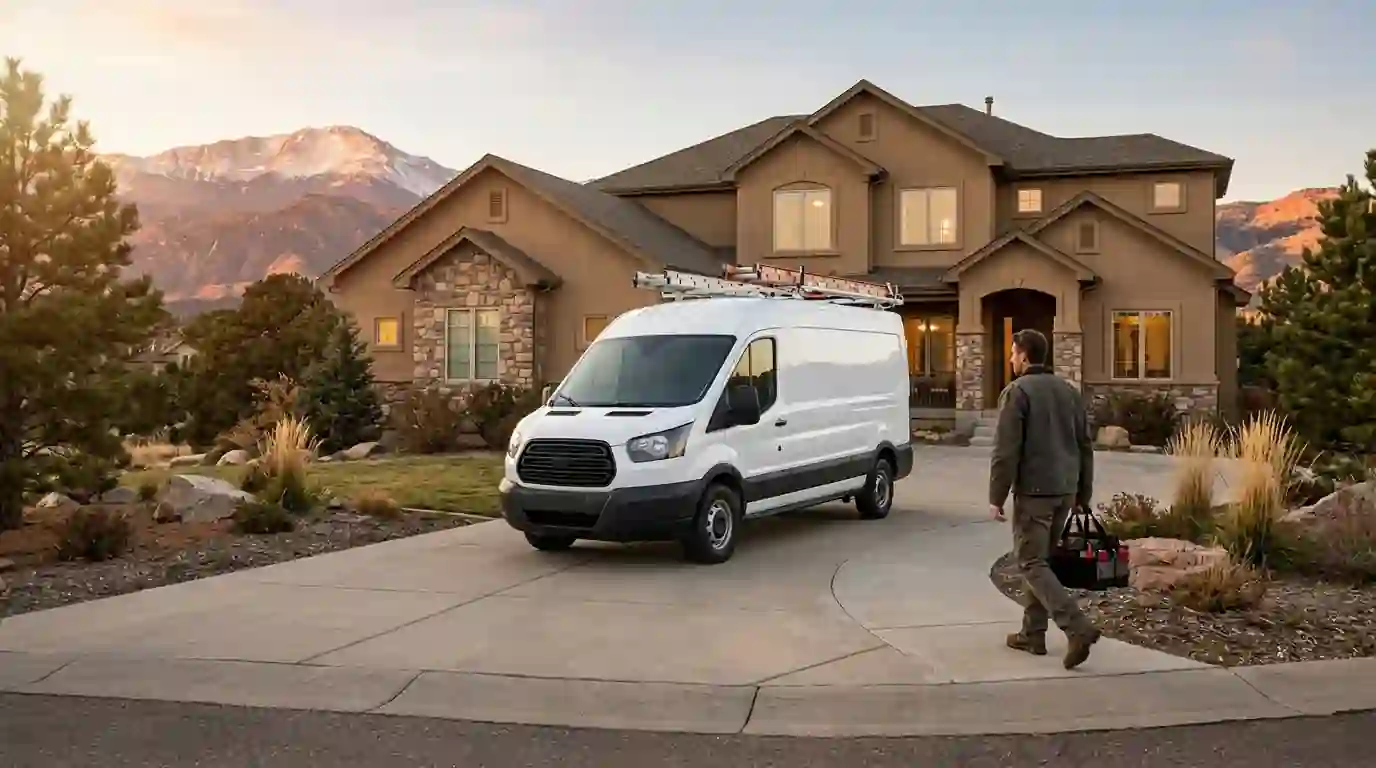 Plumbing service van at a Colorado Springs home with Pikes Peak behind