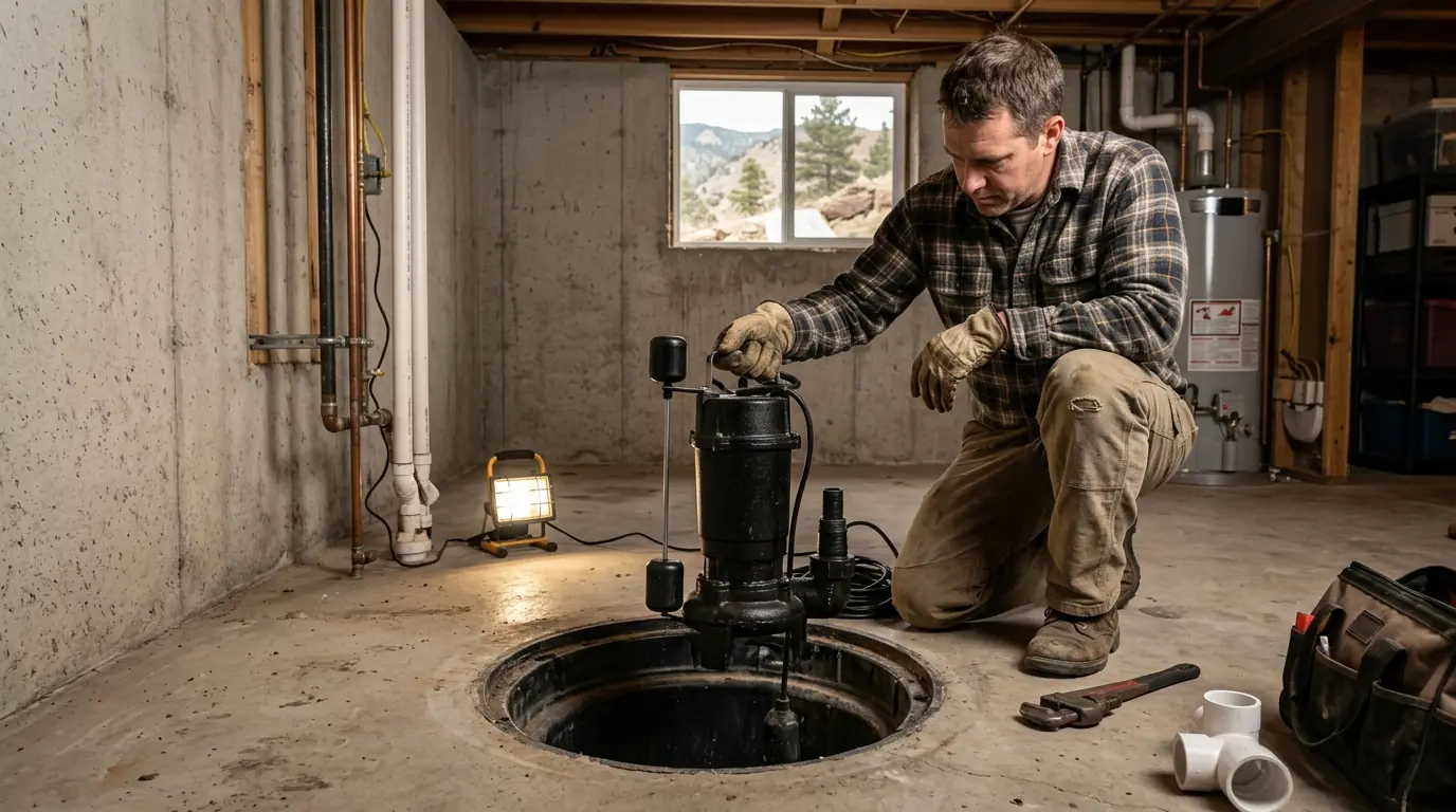 New sump pump going into a basement pit in Colorado Springs