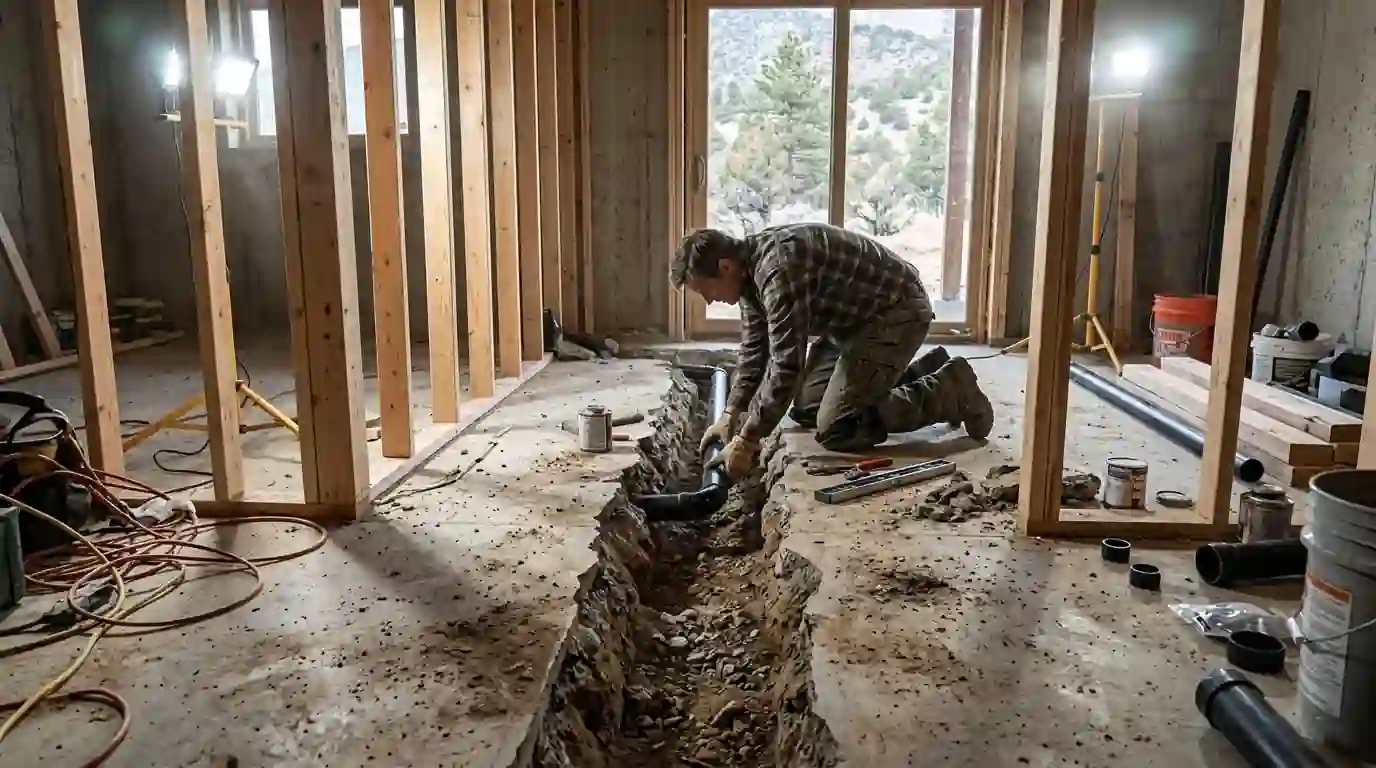 New drain trench in a Colorado Springs basement slab for a bathroom