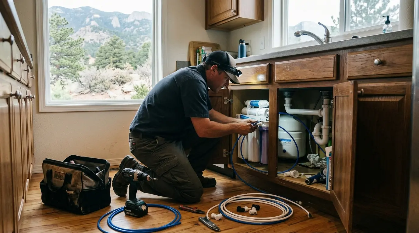 Under-sink reverse osmosis system being installed in a Colorado Springs kitchen