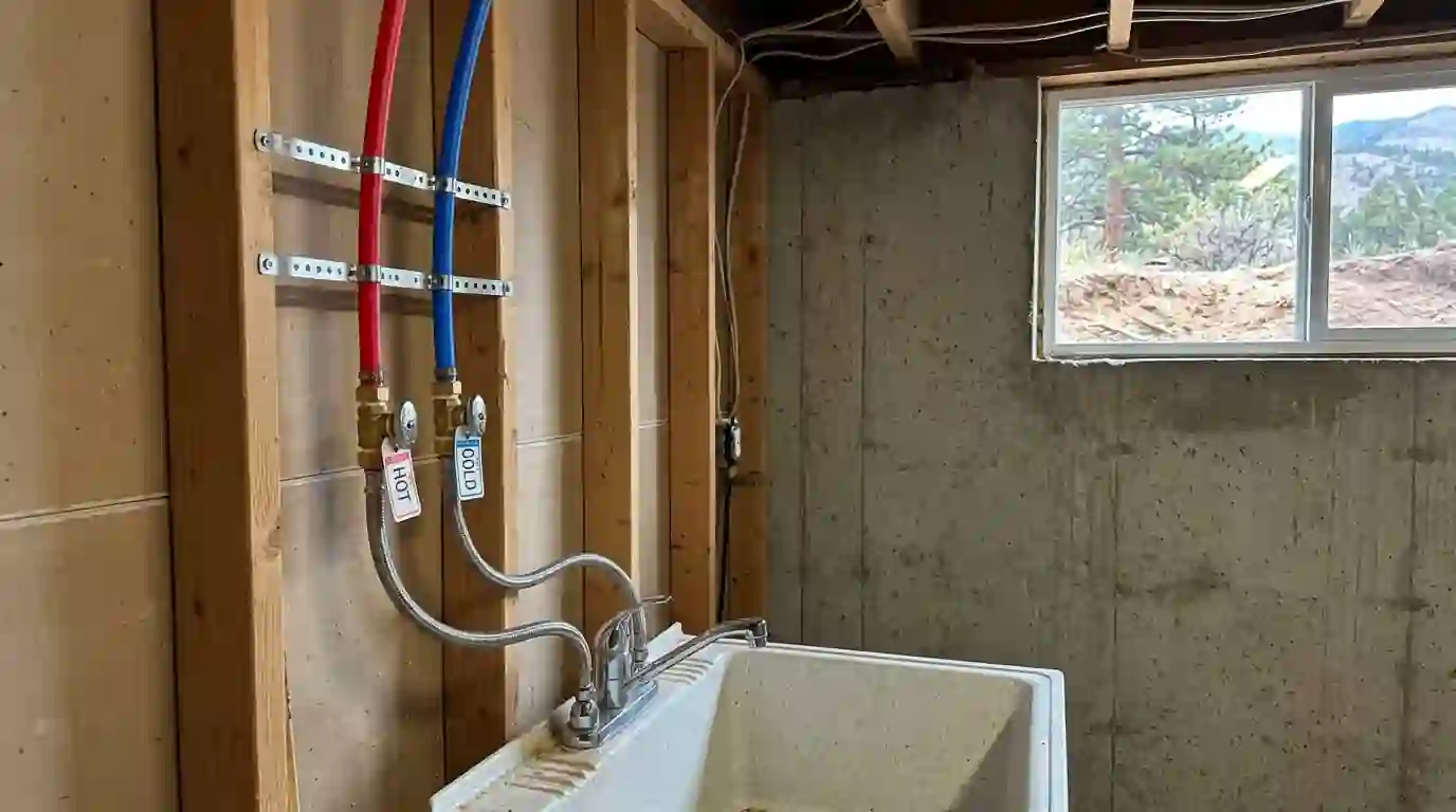 New PEX supply lines and labeled shut-off valves in a basement