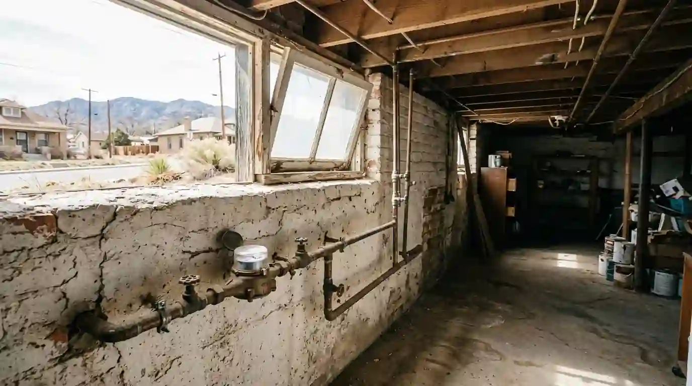 Service line entering a Pueblo home at the foundation