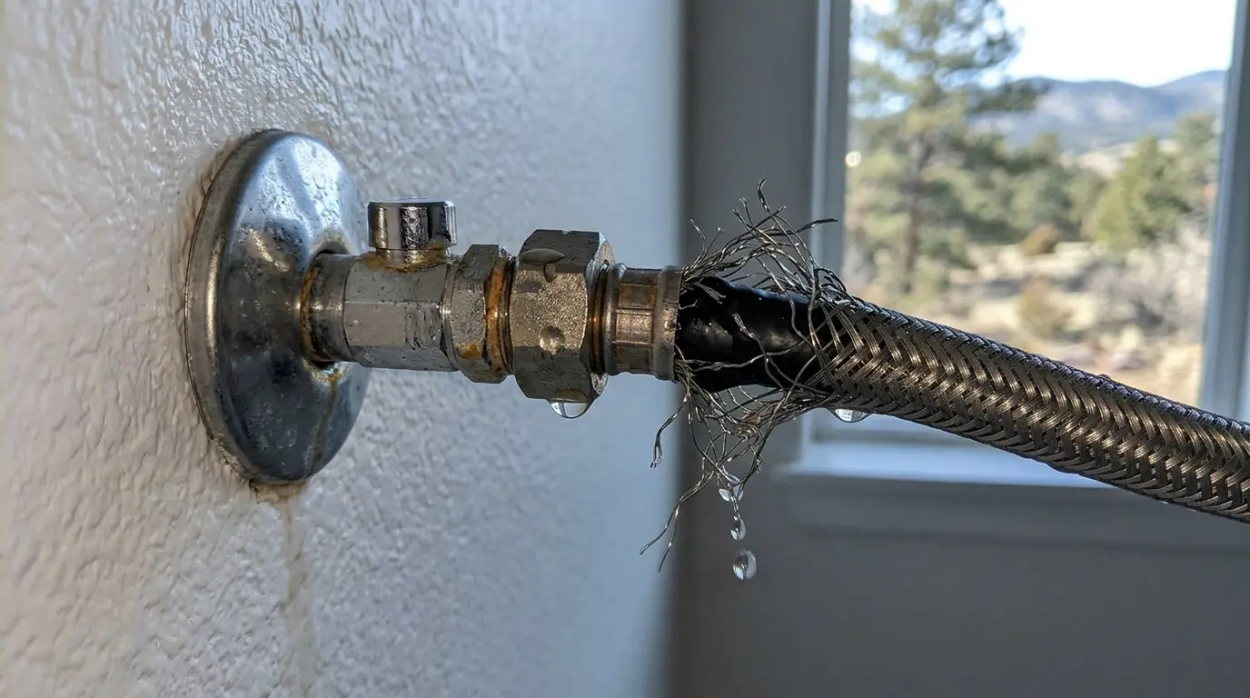 Failed braided toilet supply connector that flooded a bathroom