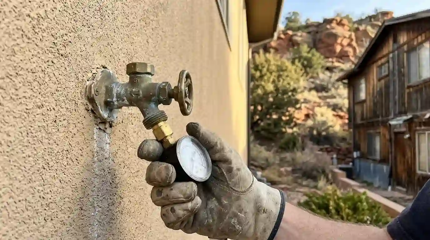 Plumber testing water pressure at a Rockrimmon home in Colorado Springs