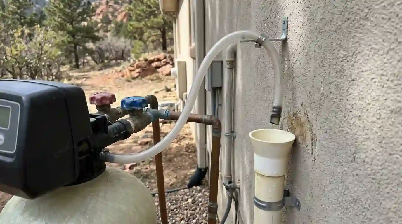 Softener control valve with bypass and air-gapped drain line