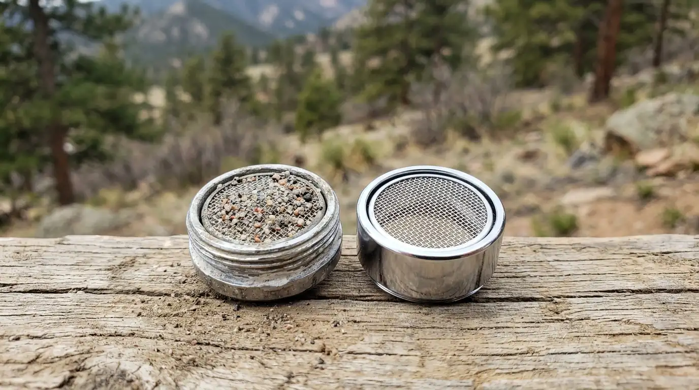 Faucet aerator screen clogged with grit next to a new aerator