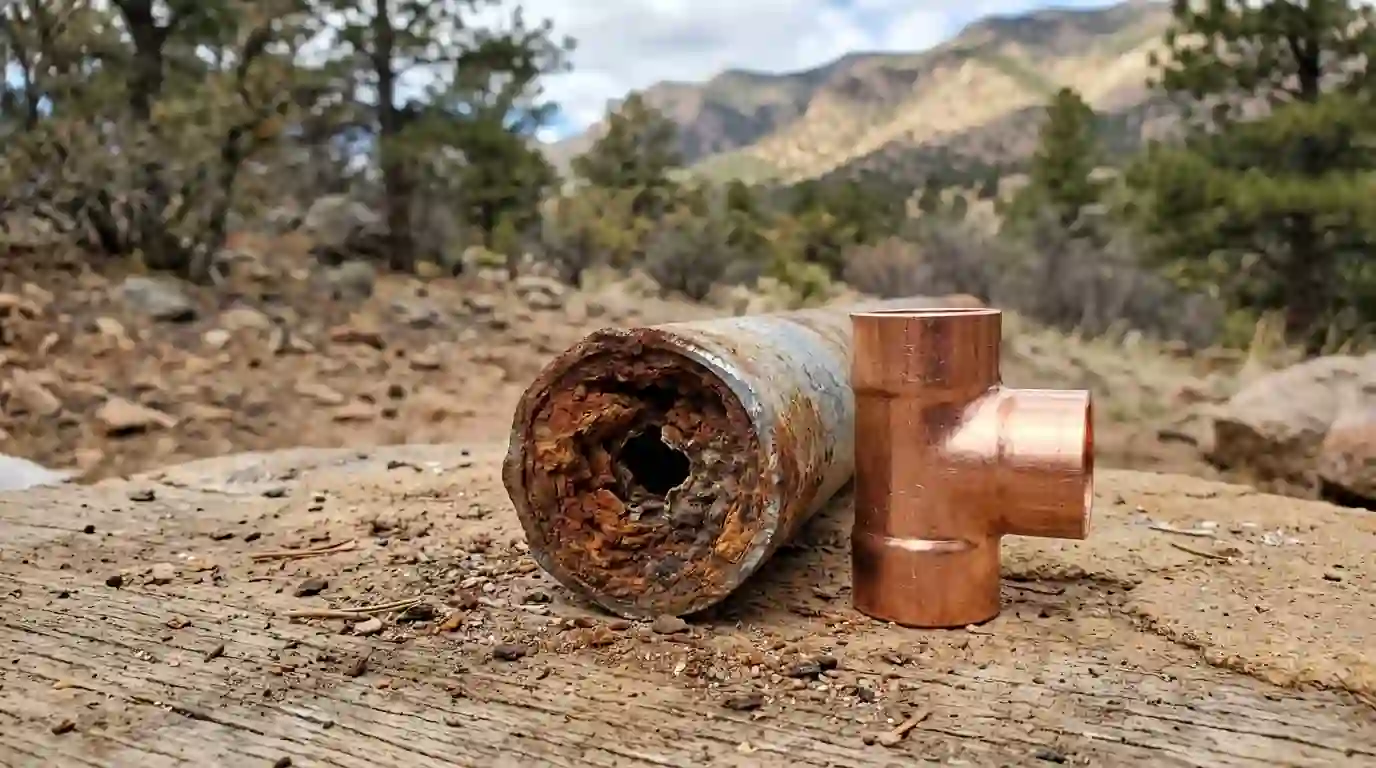 Cut galvanized pipe showing rust buildup next to new copper