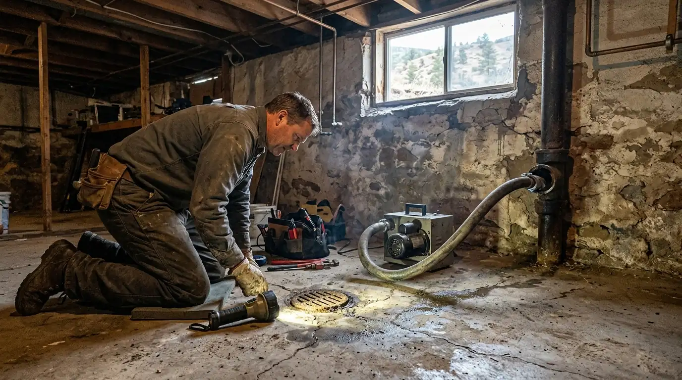 Plumber smoke testing drain lines for a sewer smell in a Colorado Springs basement