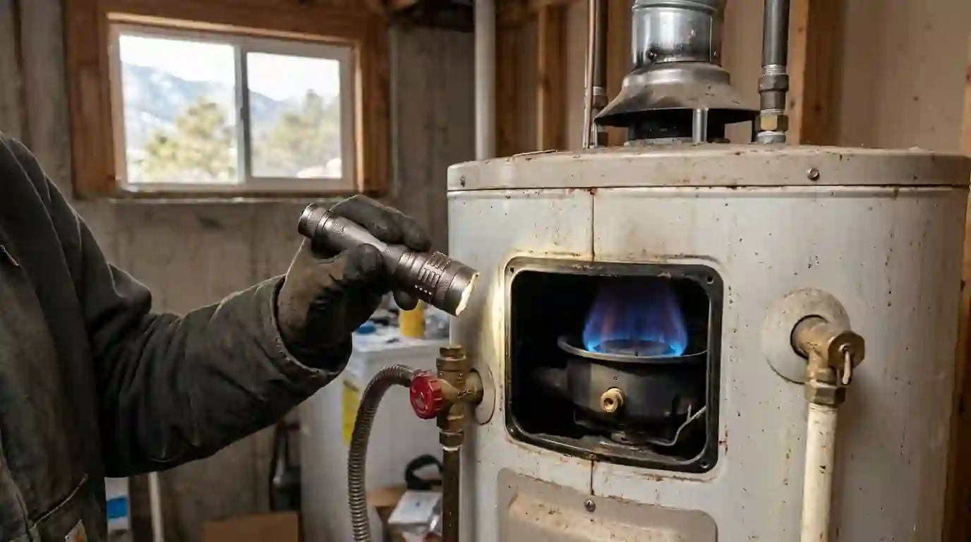 Plumber checking a gas water heater burner flame for altitude setup in Colorado Springs