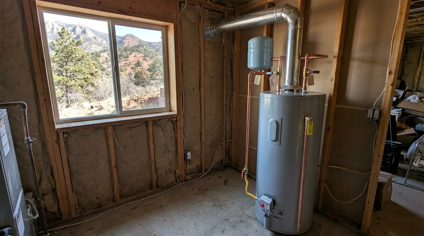 New gas water heater with expansion tank in a Colorado Springs utility room