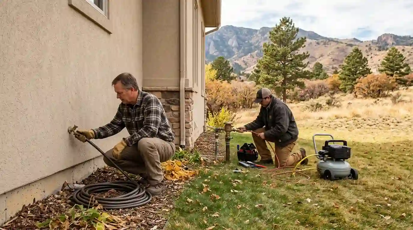 Winterizing an outdoor faucet and sprinkler backflow assembly at a Colorado Springs home