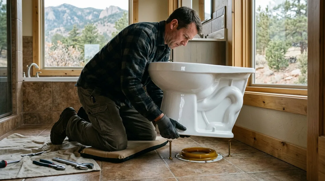 New toilet being set in a Colorado Springs bathroom