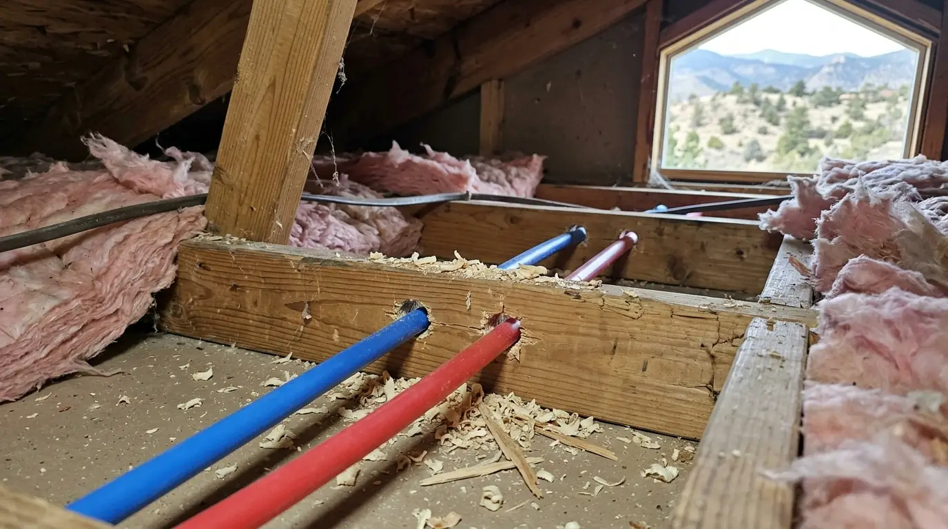 New PEX supply line rerouted through attic joists