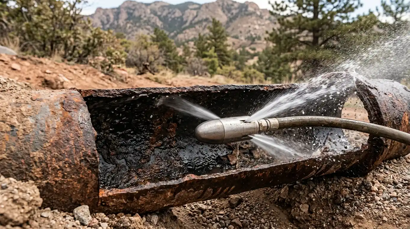 Hydro jetting nozzle scouring scale inside cast iron pipe
