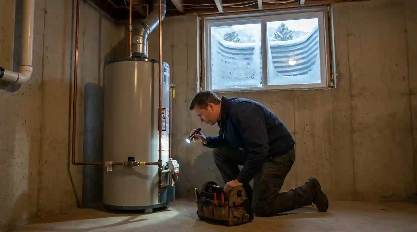 Plumber checking a gas water heater burner in a Colorado Springs basement