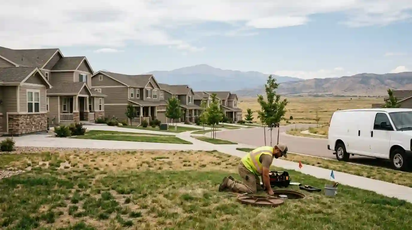 Plumber checking a water meter pit at a Falcon home