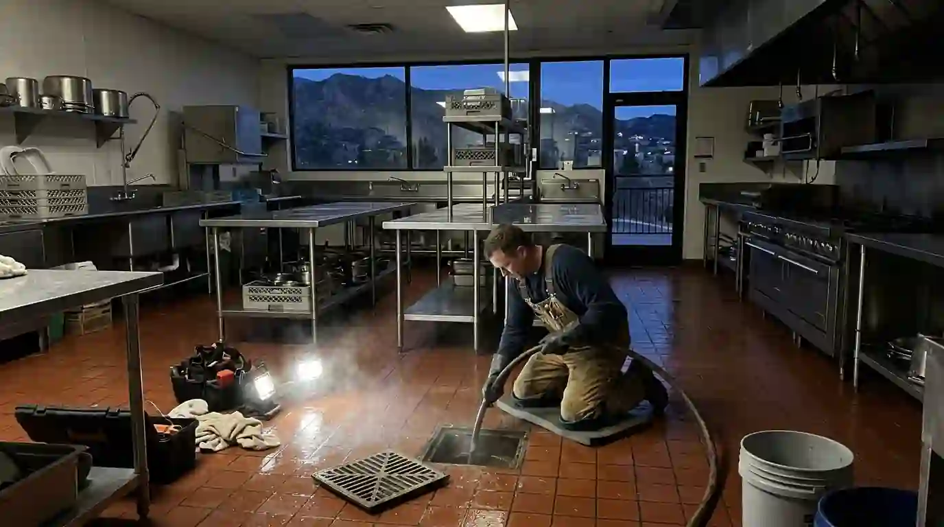Plumber jetting a restaurant kitchen drain in Colorado Springs