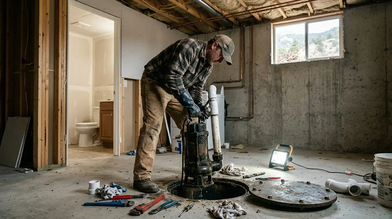 Sewage ejector pump being serviced in a Colorado Springs basement