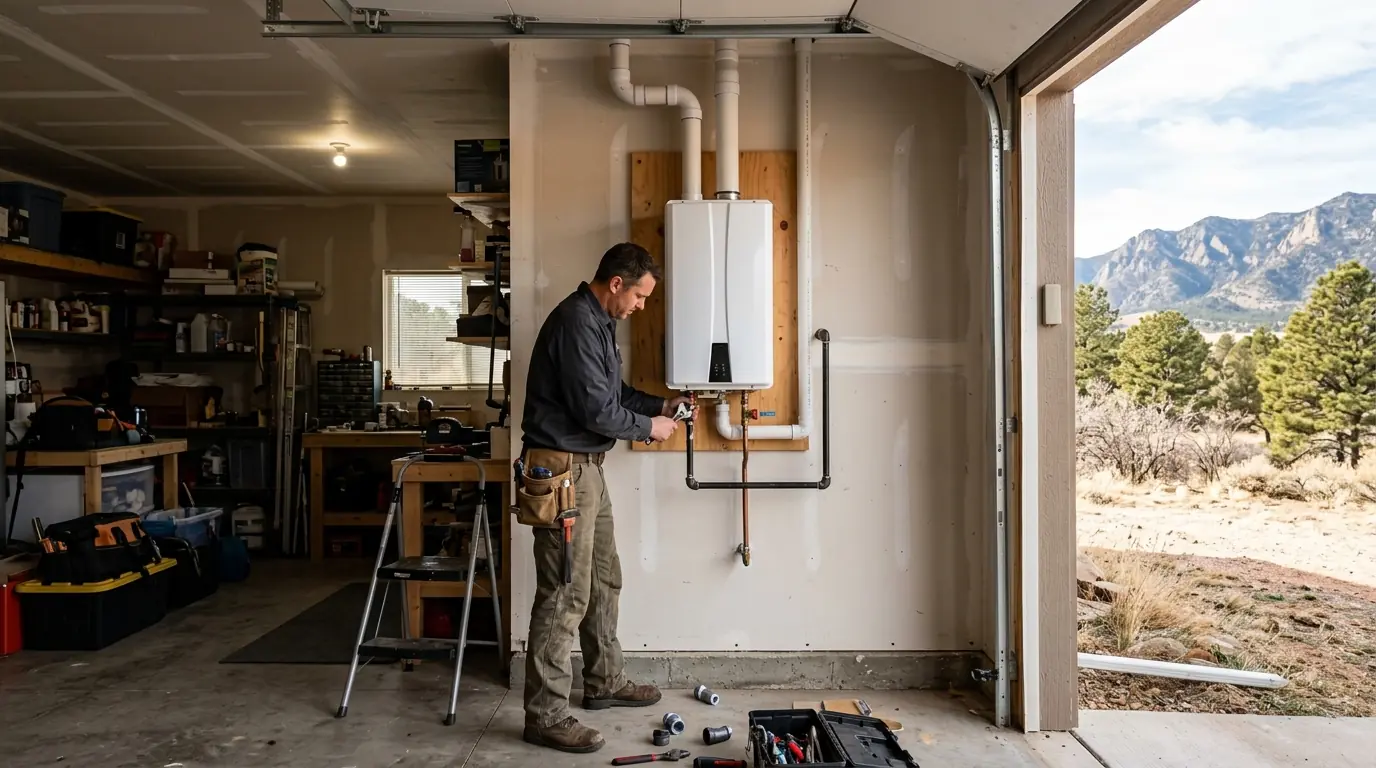 New tankless water heater installed in a Colorado Springs garage