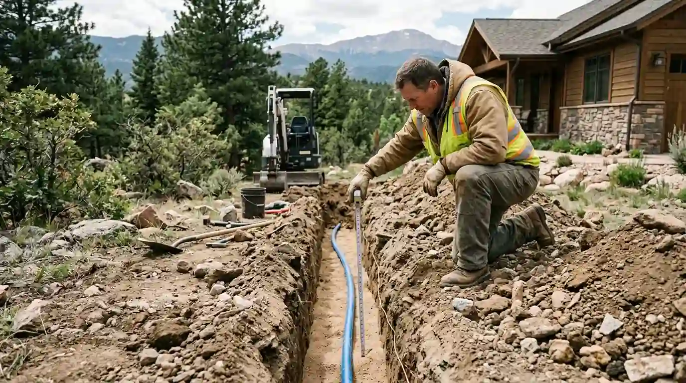 New water service line in a trench at a Colorado Springs home