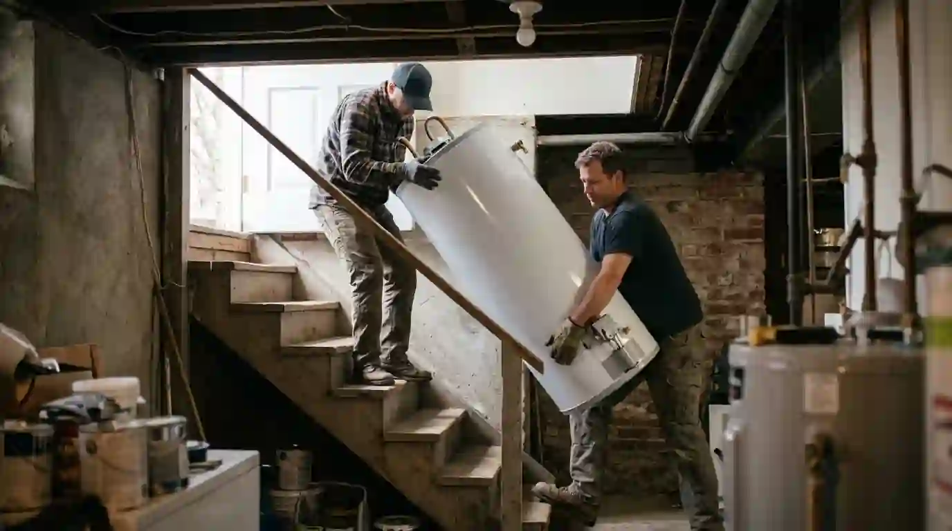 Plumbers installing a new gas water heater in a Colorado Springs home