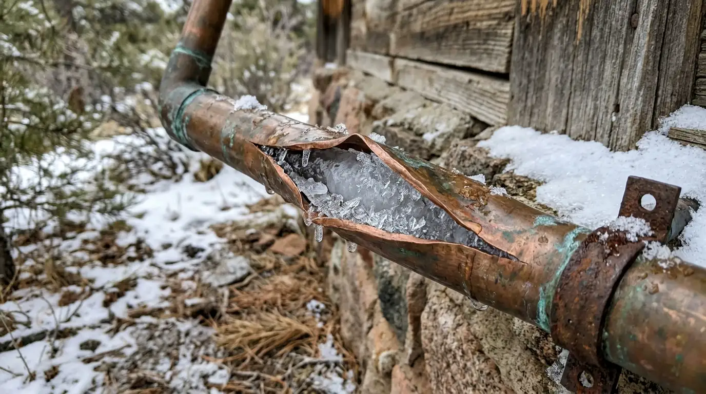 Copper pipe split along its seam after freezing