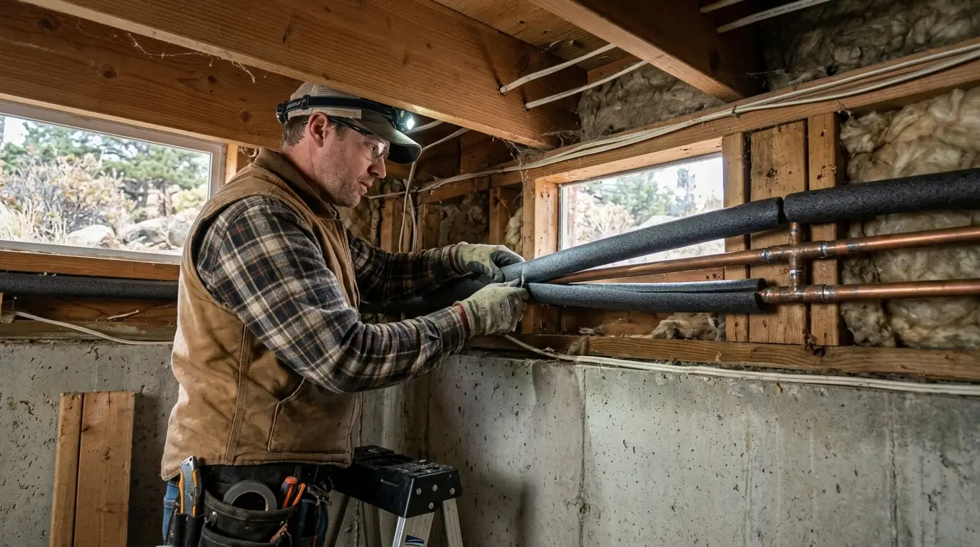 Pipe insulation along a basement rim joist in a Colorado Springs home
