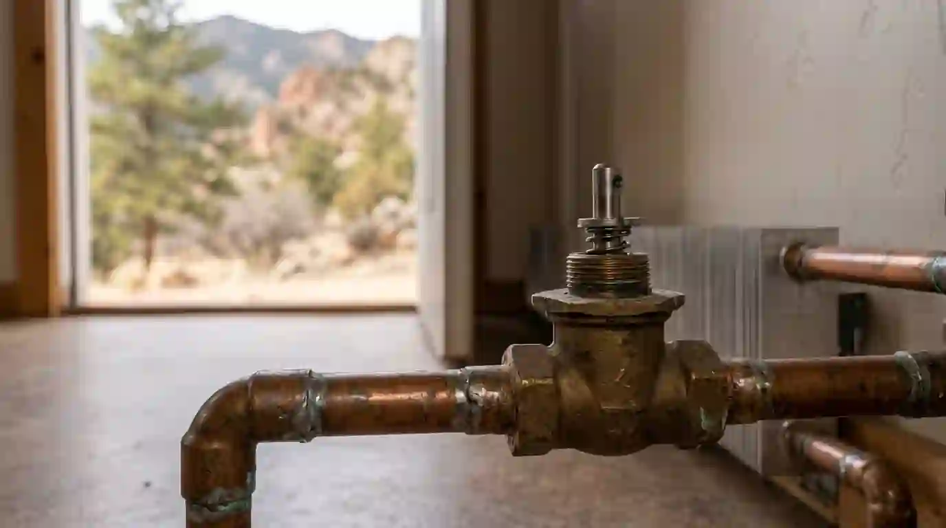 Zone valve with the actuator head removed on hydronic heating pipe
