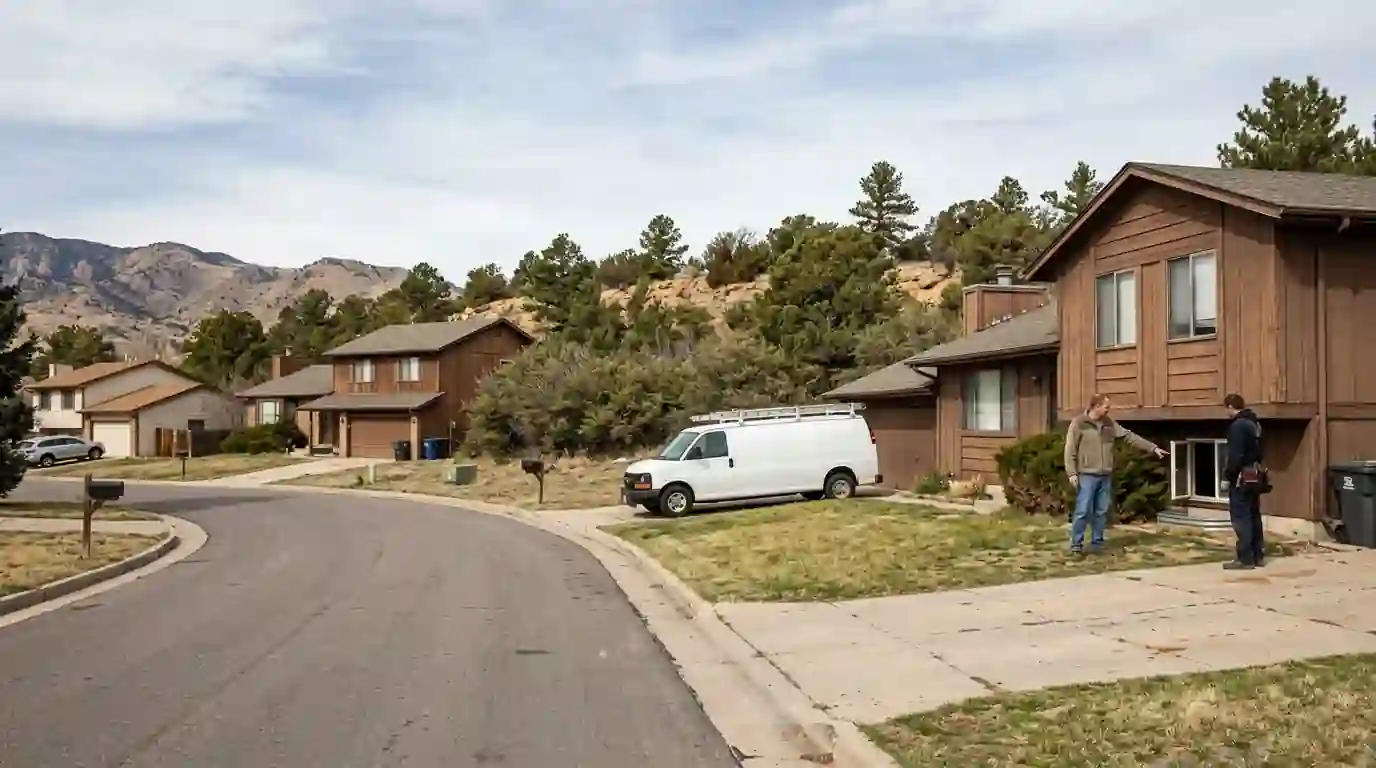Late-1980s homes in Pulpit Rock, Colorado Springs, with a plumber arriving for a repipe check