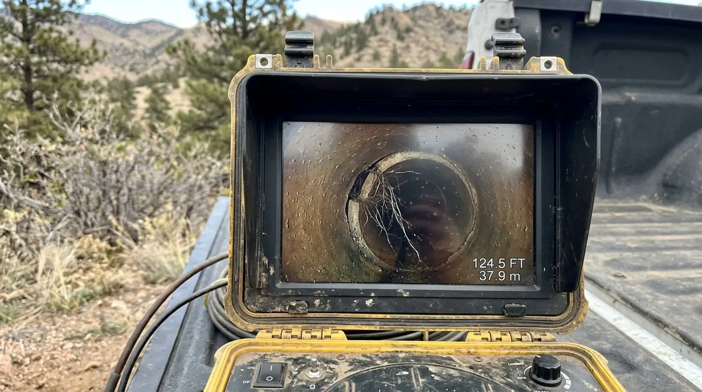 Camera view of an offset joint in a clay sewer line