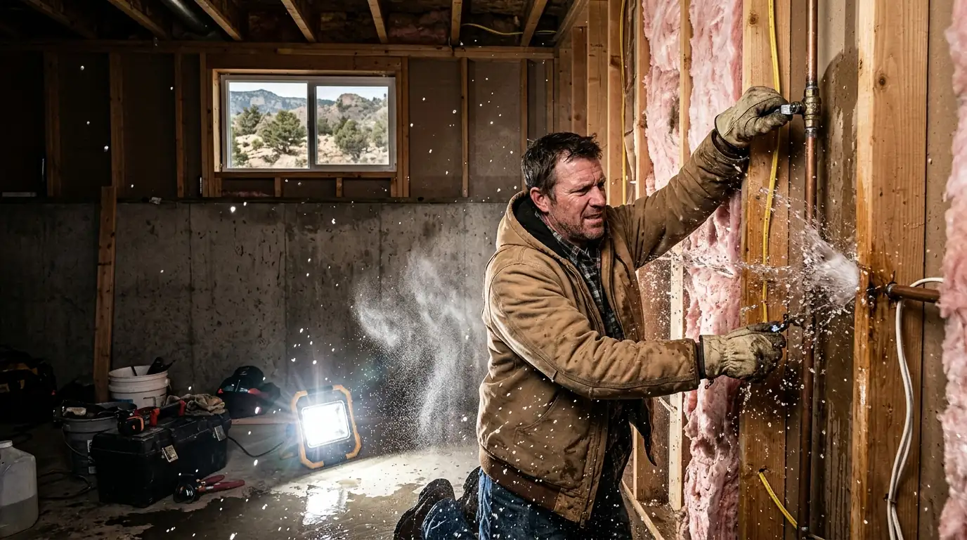 Plumber shutting off a burst pipe in a Colorado Springs basement