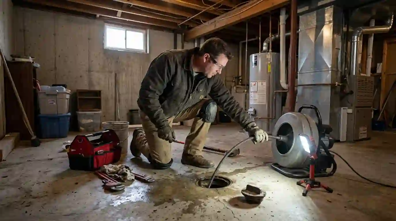 Plumber cabling a basement floor drain cleanout