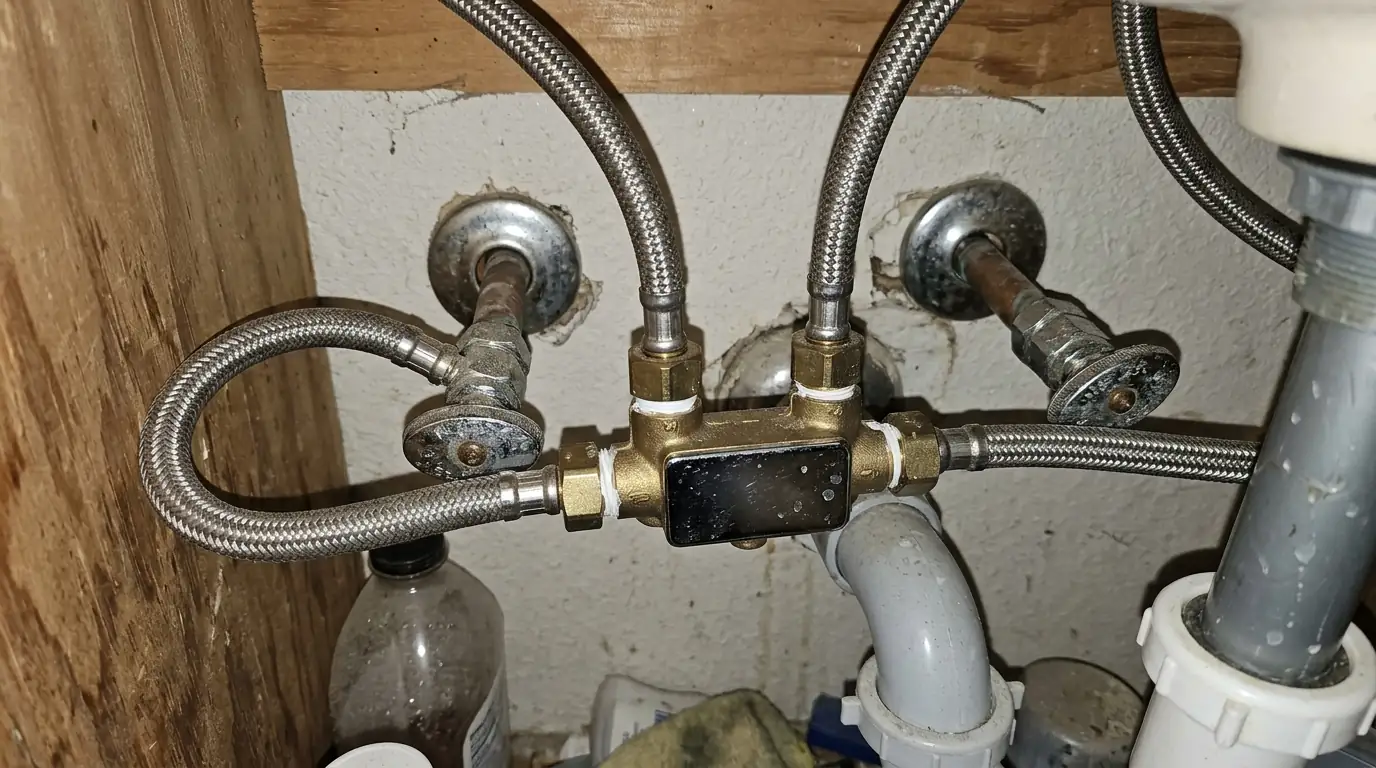 Thermostatic crossover valve between hot and cold stops under a vanity