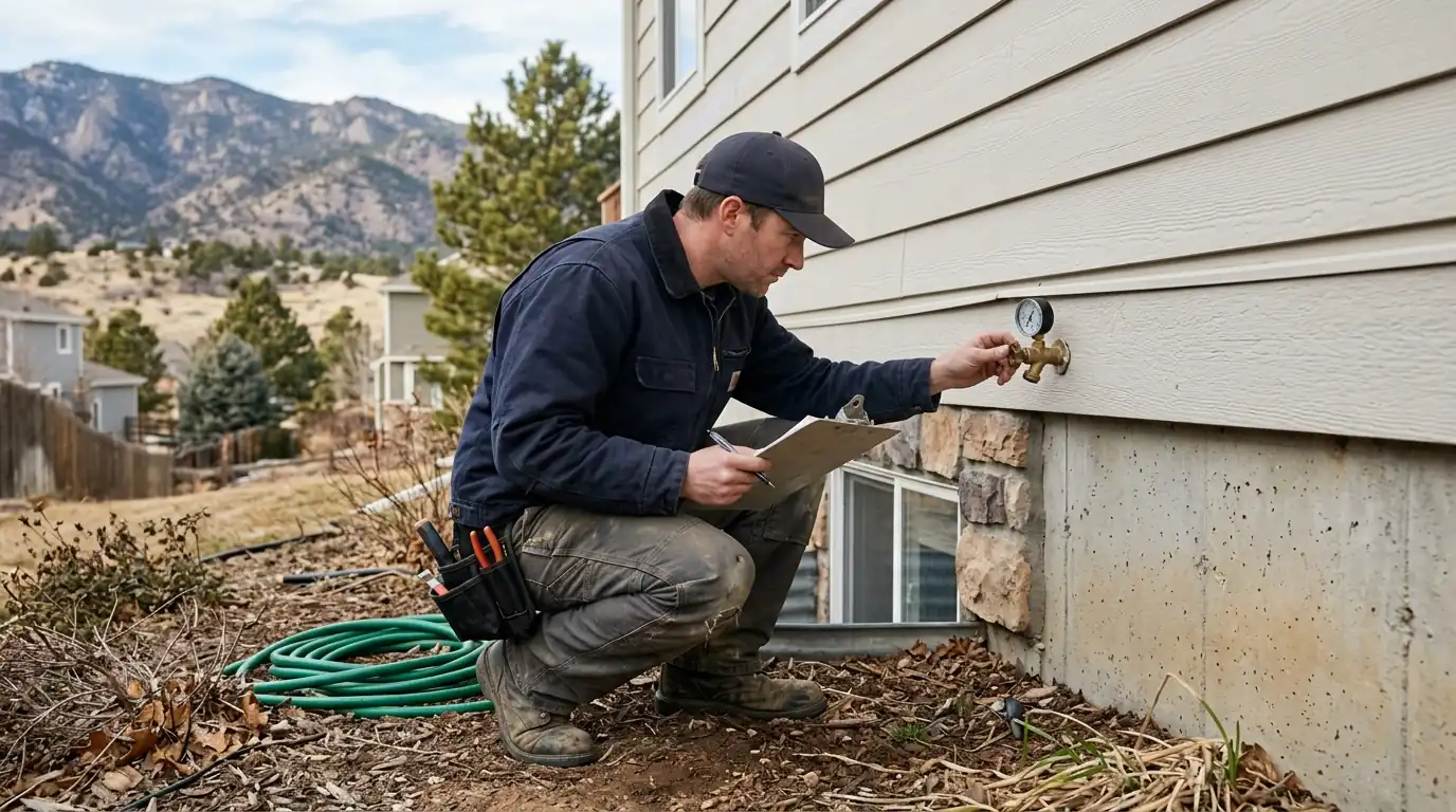Plumber testing water pressure during a Colorado Springs home inspection