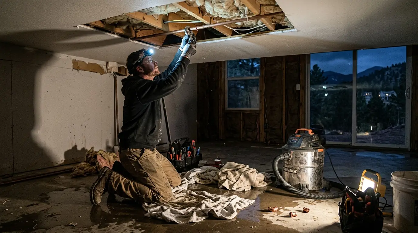 Emergency plumber repairing a split copper pipe in a Colorado Springs basement at night
