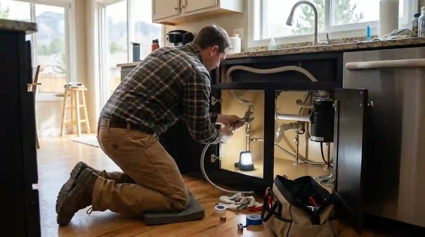 Plumber connecting a dishwasher supply and drain loop under a Colorado Springs kitchen sink
