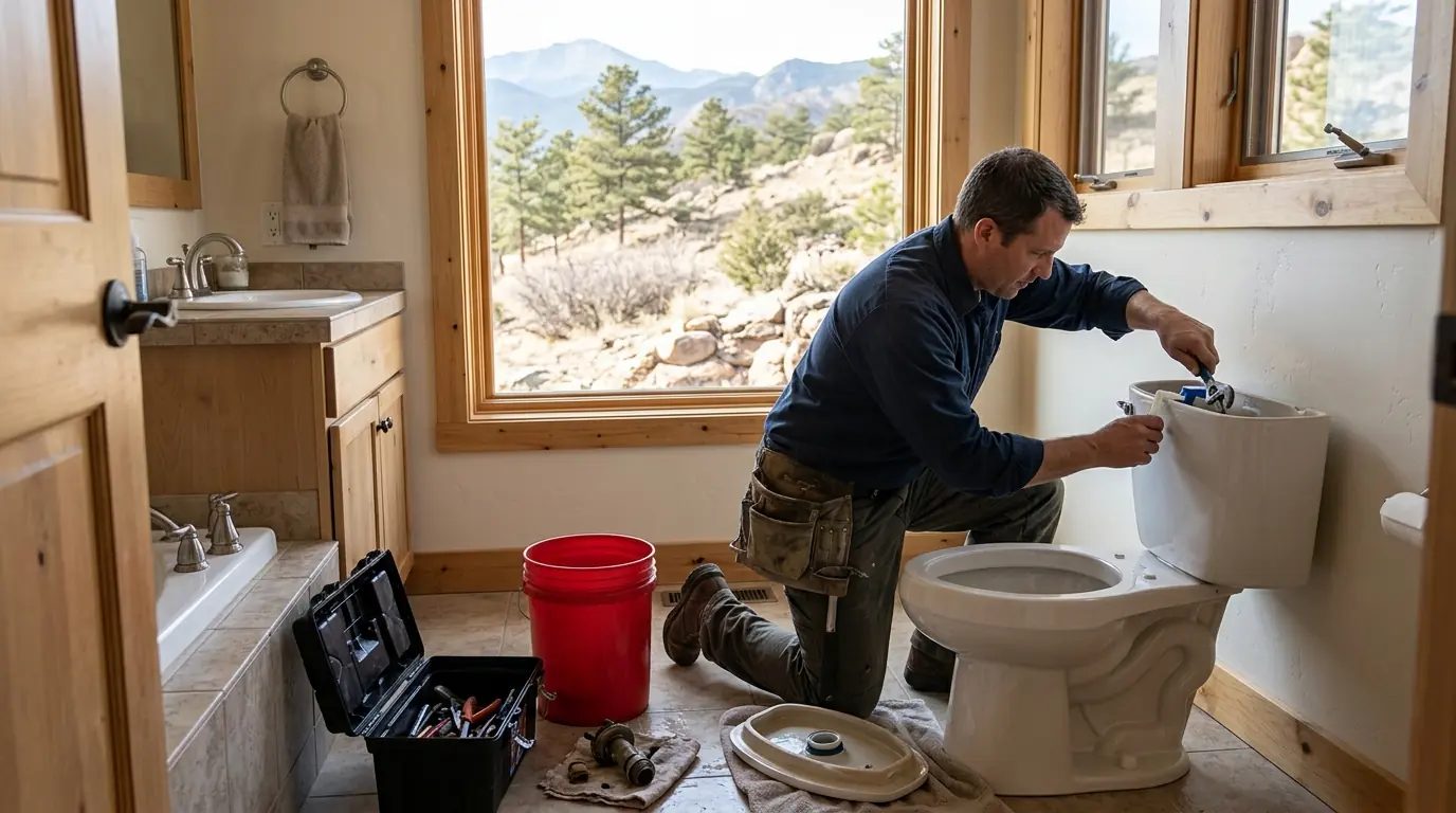 Plumber repairing a running toilet in a Colorado Springs bathroom